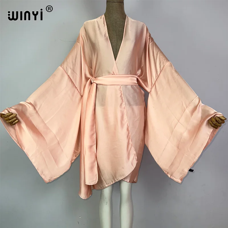 WINYI kimono boho monocolour kaftans odzież plażowa elegancka stroje plażowe wakacyjna dla kobiet okrycie na kostium kąpielowy sukienka купальник