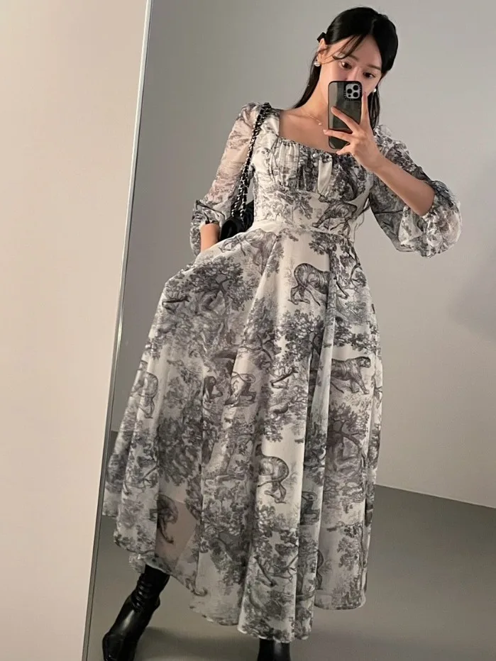 East Gate Ins Retro Padrão Abstrato Vestido Longo F Senhorilhante Manga Sino Vestido Estampado Floral Primavera Outono...