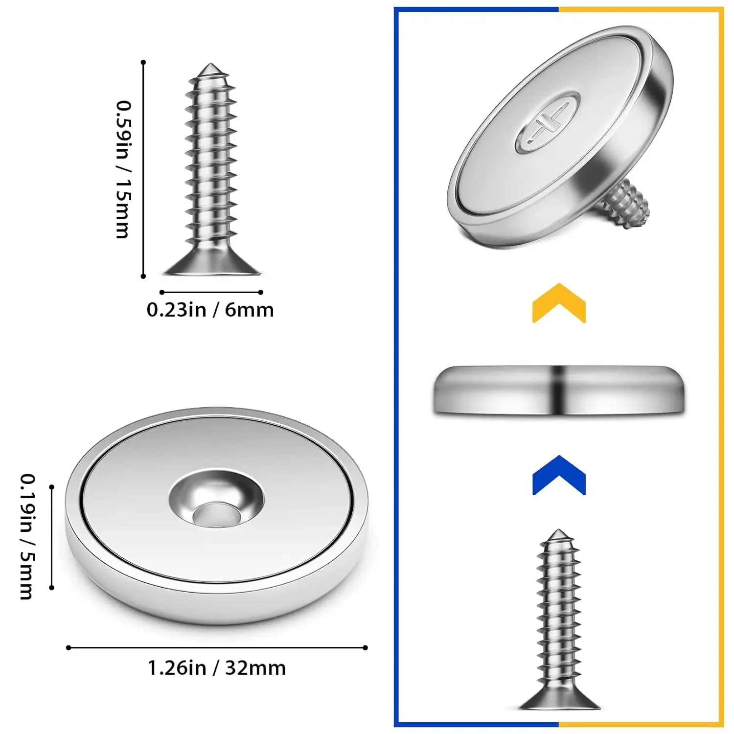 Neodymium Magnet Cup 100 LBS Pull Force Rare Earth Magnets with Countersunk Hole Industrial Strength Round Base, 1.26''D x 0.2