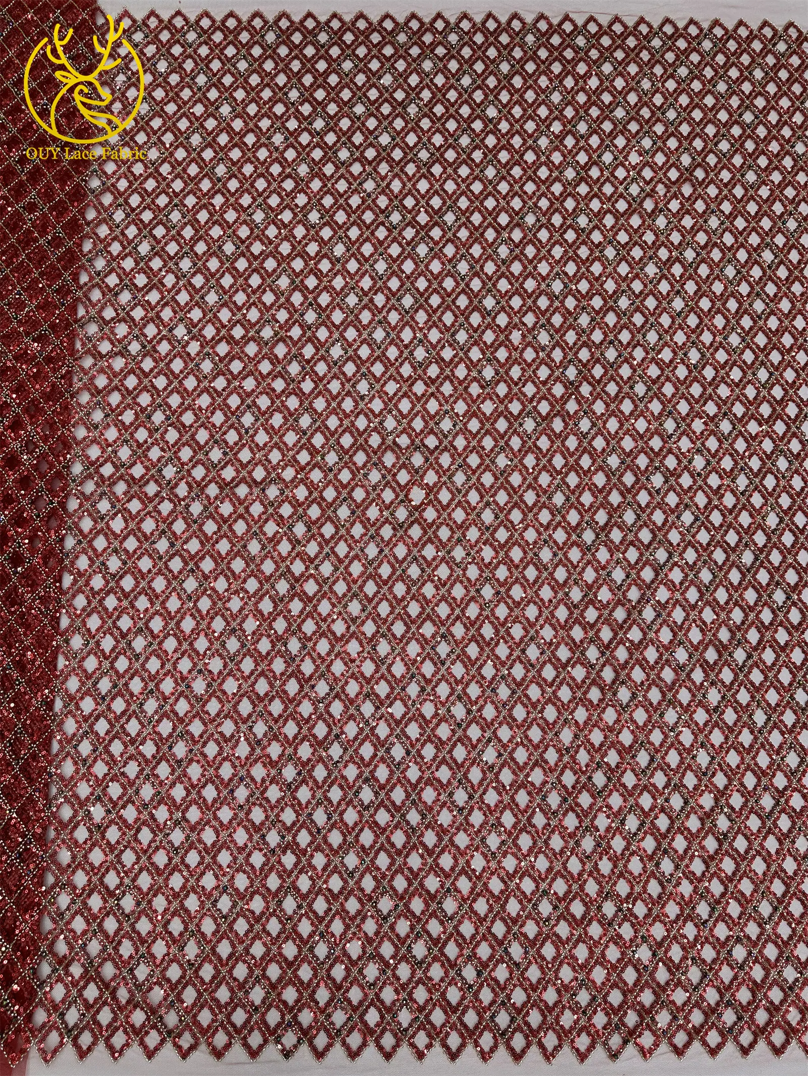 Roter afrikanischer Spitzenstoff, französischer Mesh-Spitzenstoff mit Pailletten und Perlen für Party- und Abendkleider, zum Nähen von afrikanischen Spitzenstoffen für Damen – Detail 11