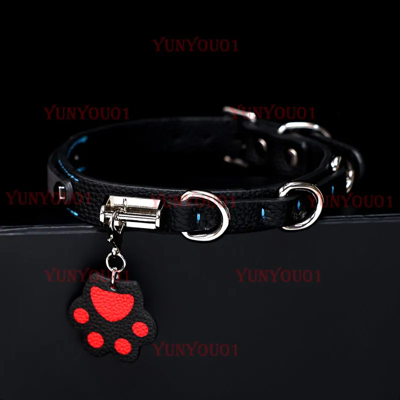 Leather Bell Collar Choker Female M Cat Paw Color Matching Collar Male Neck Ring Neck Engraving Dog Tag