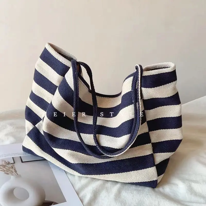 Korean Style Color Block Striped Canvas Tote Bag Large Capacity Shoulder Bag Casual Bohemian Shopping Bag for Everyday Use