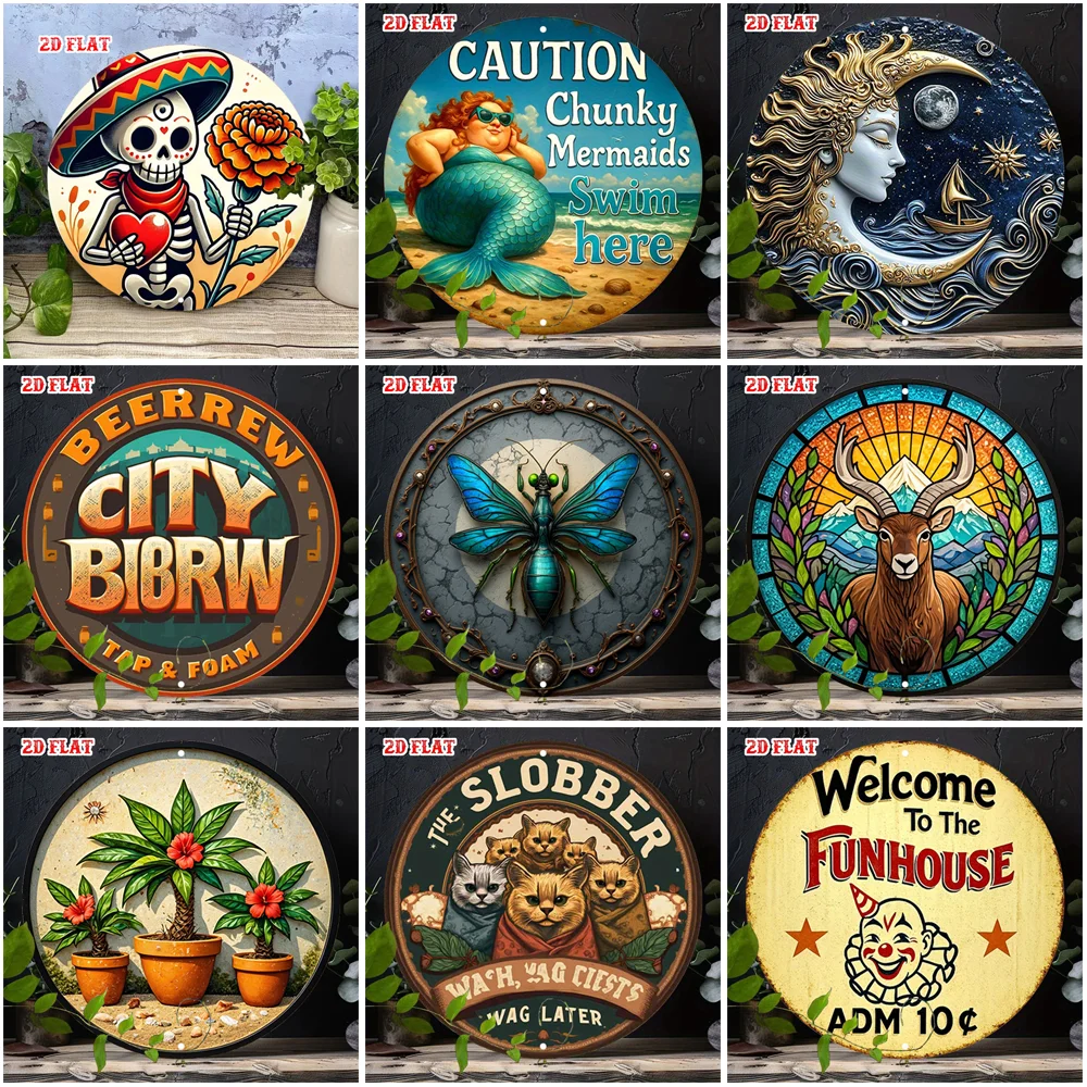 2D Flat Round Metal Tin Sign Vintage Stained Glass Sugar Skull Mermaid Moon Butterfly Deer Palm Tree Cat Clown Beer Floral Let