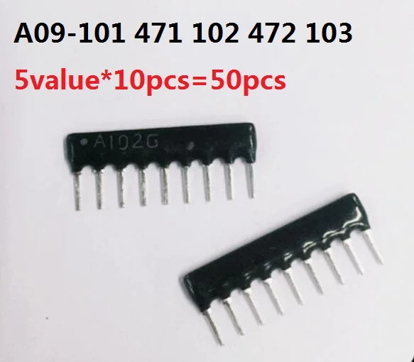 

5value*10pcs=50pcs Network Resistor Kit A09 101 471 102 472 103 9PIN Exclusion Resistance 100R 470R 1K 4.7K 10K Ohm Assorted Set