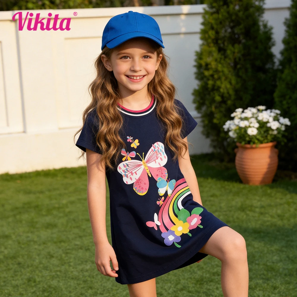VIKITA Girls Rainbow Flower Butterfly Print Cotton Dress Kids Navy Blue Short Sleeve Summer Straight Cotton Casual Daily Outfit