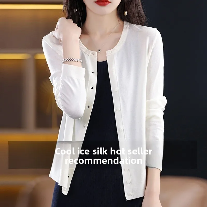 Ice Silk Knitted Cardigan Women's Thin Air Conditioning irt Summer with Strap Dr Small Outerwear awl Jaet V-ne Lon...