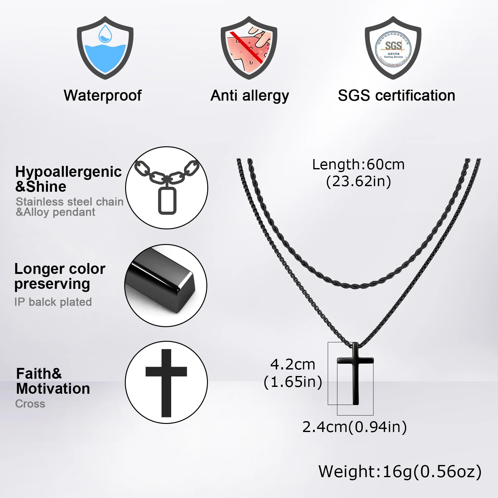 Vnox Mehrschichtige Kreuz-Halskette, Edelstahl-Mehrfachketten-Halsketten mit gedrehtem Panzerketten-Anhänger, Hip-Hop-Schmuck mit religiösem Motiv für Männer. – Detail 12