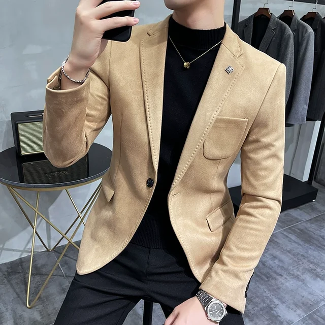 Men's Deerskin Fleece Jacket Suit Coat Blazer Men's Business Leisure Slim Fit Brand Fashion High Quality Single Button Suit Coat 2