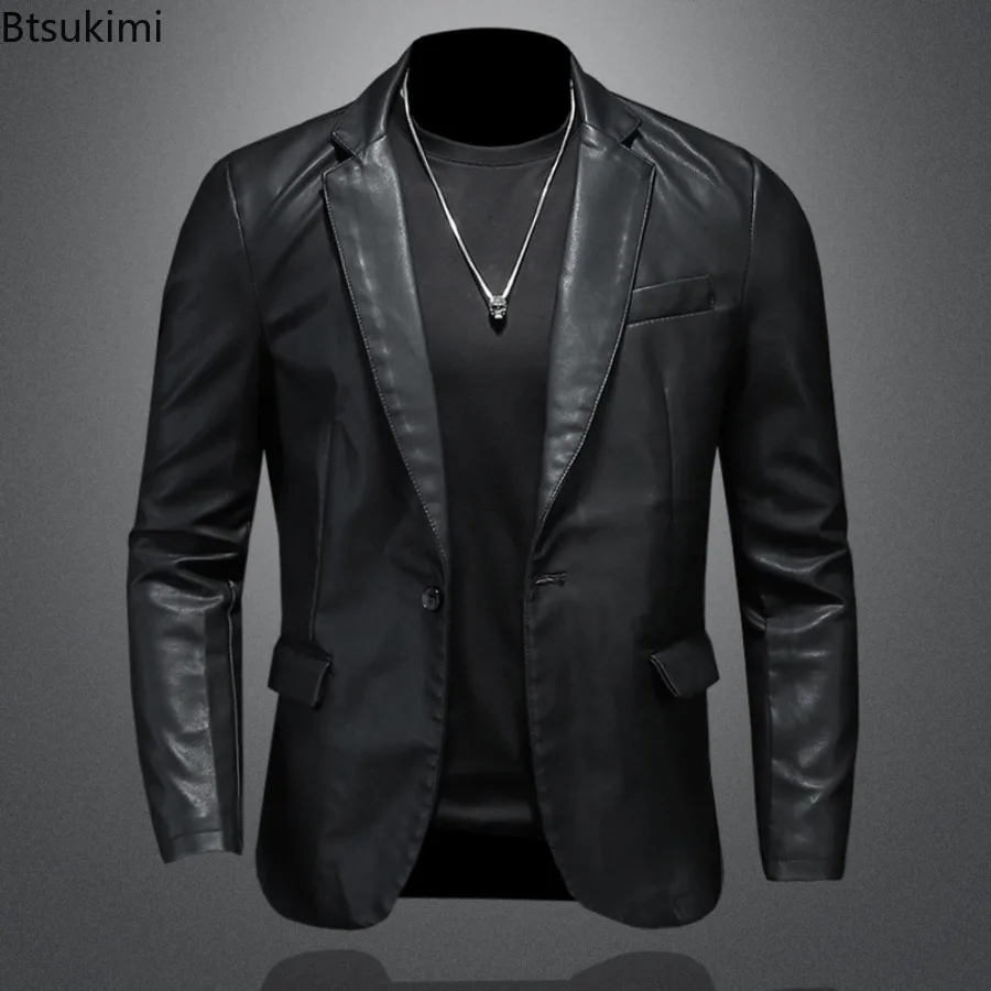 

New 2025 Men's Slim Fit Leather Jackets PU Casual Motorcycle Coats Fashion Lapel Leather Suit Jacket Spring Autumn Men Outerwear