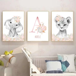 Safari Animals In Pink Flowers Kids Name Customized Nursery Wall Art Posters and Print for Girls' Bedroom Decor Baby Shower Gift