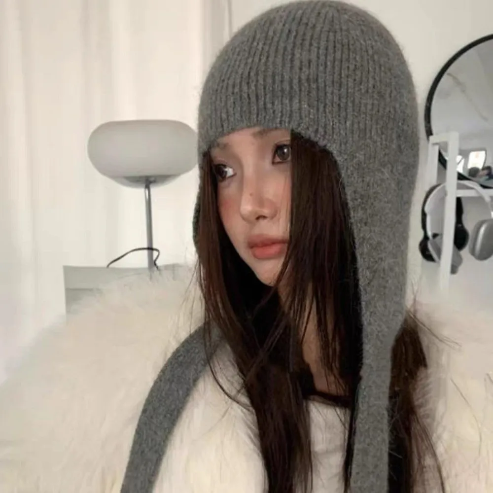 Fashion Ear Flaps Knitted Hat Cold Protection Keep Warm Winter Beanie Cap Breathable Solid Color Ear Protection Hat for Women