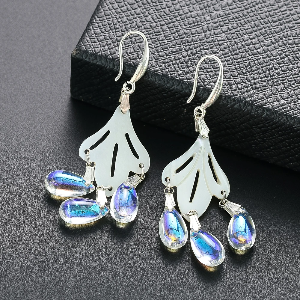 Natural fresh water shell laser cutting Hand carving shell beads and Crystal drop pendant earrings for woman jewelry DIY