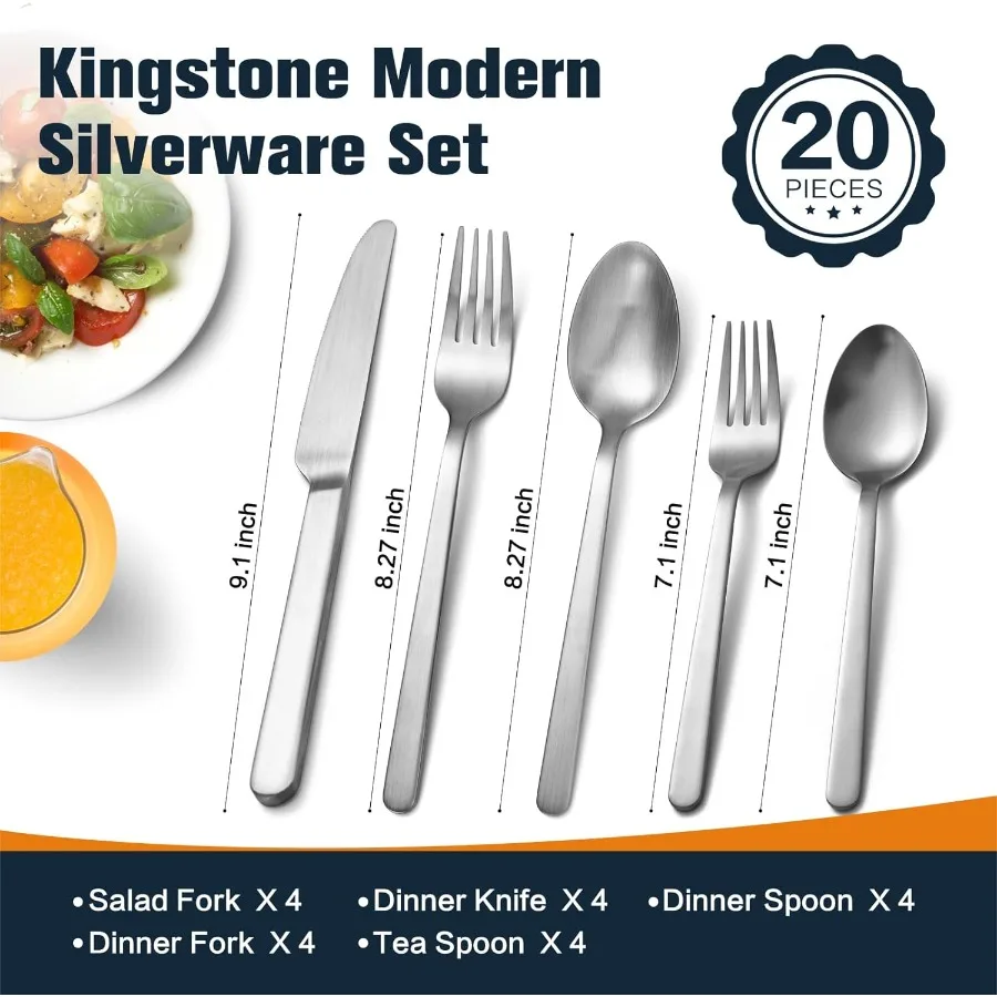 Forged Silverware Set 20 Piece Flatware Set for 4 18 10 Stainless Steel Silverware Utensils Set Matte Satin Finish Dishwasher S