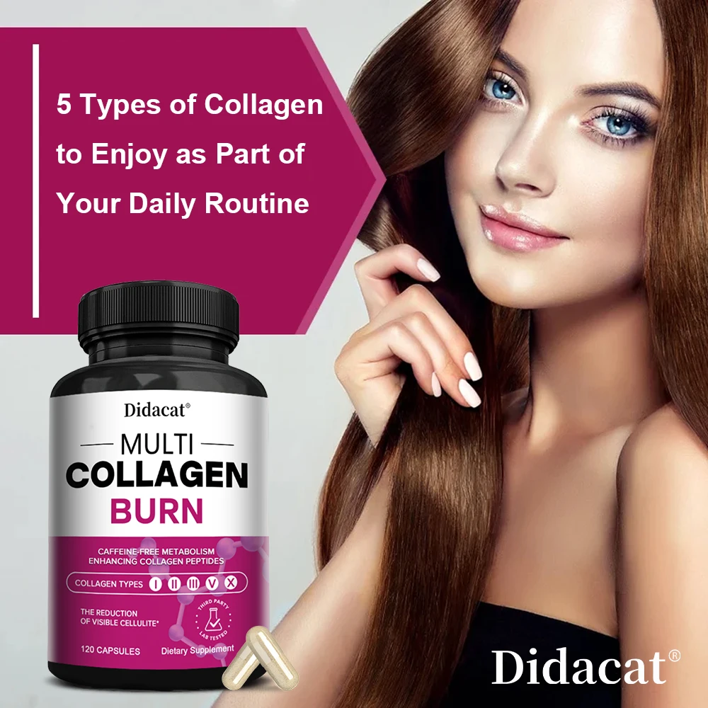 

Didacat Multi-Collagen Burn - Hair, Nails, Skin, Joints, Teeth and Gum Health, Boost Metabolism, Burn Fat, 120 Capsules