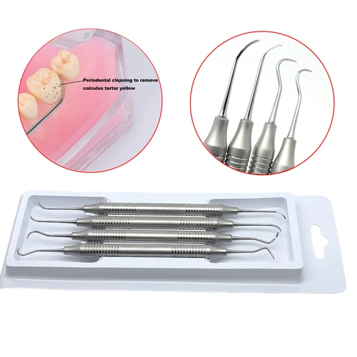 Imagen 2 del producto Juego de escalador Dental de acero inoxidable, 4 Uds., herramientas de doble punta para limpieza y diagnóstico de dientes, instrumentos dentales profesionales
