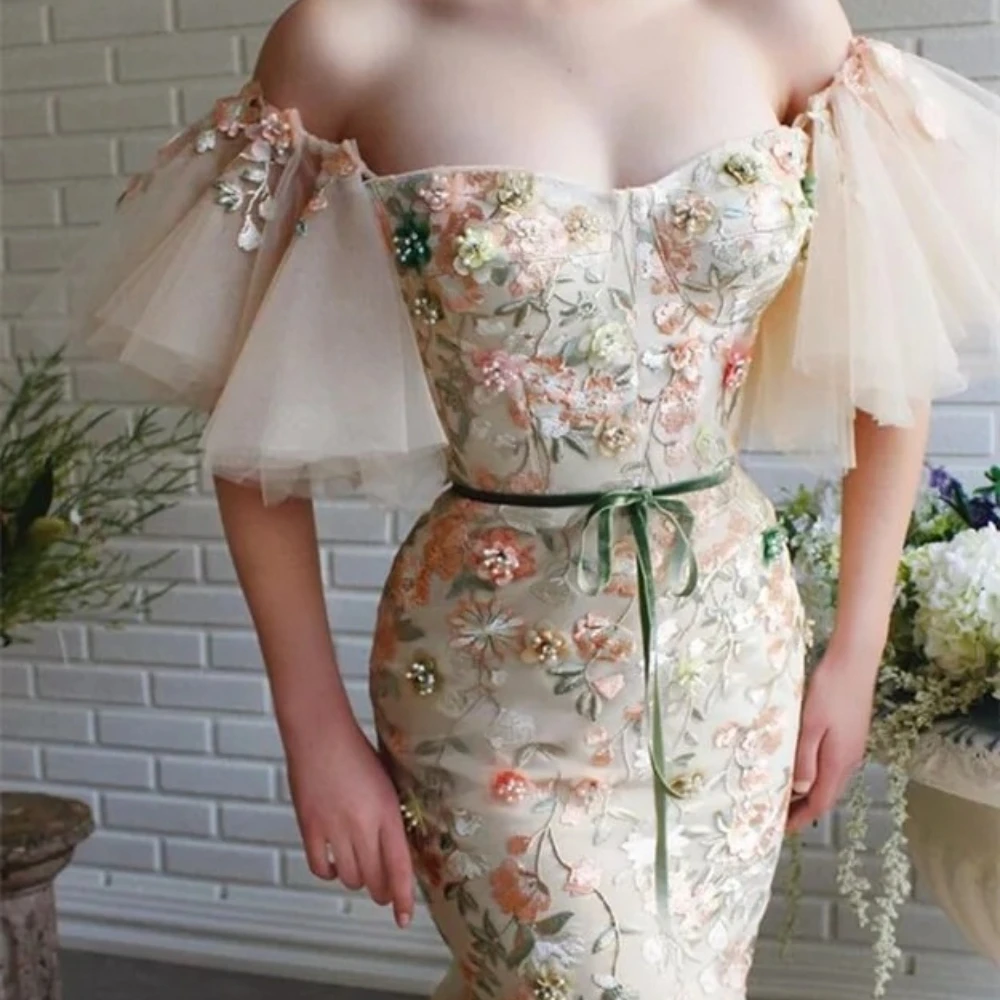 

Exquisite Prom Gowns Customzied Off The Shoulder Mermaid Tulle Pleat Floor Length Evening Dress with Fashion Floral Print Gown