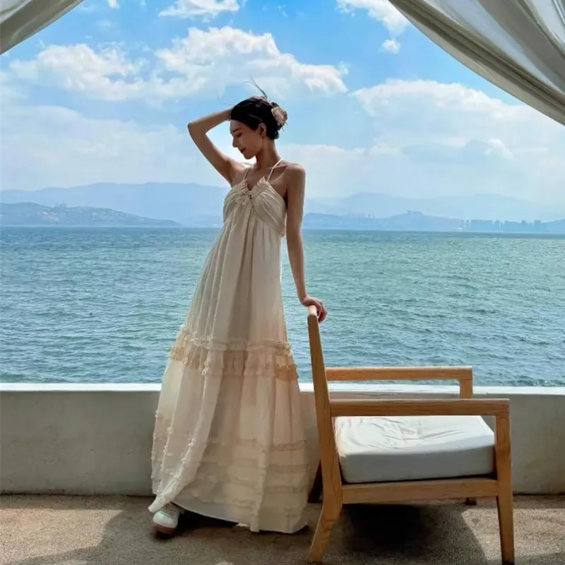 

French Style Sexy Pure Desire Thai Beach Vacation Dress for Women Sanya Sexy Spaghetti Strap Cake Backless Long Dress