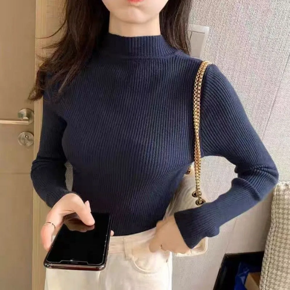 Long Sleeve Women Knitted Pull Over Sweater Soft Thicken Base Layer Knitwear Comfortable Turtleneck Sweaters Autumn Winter