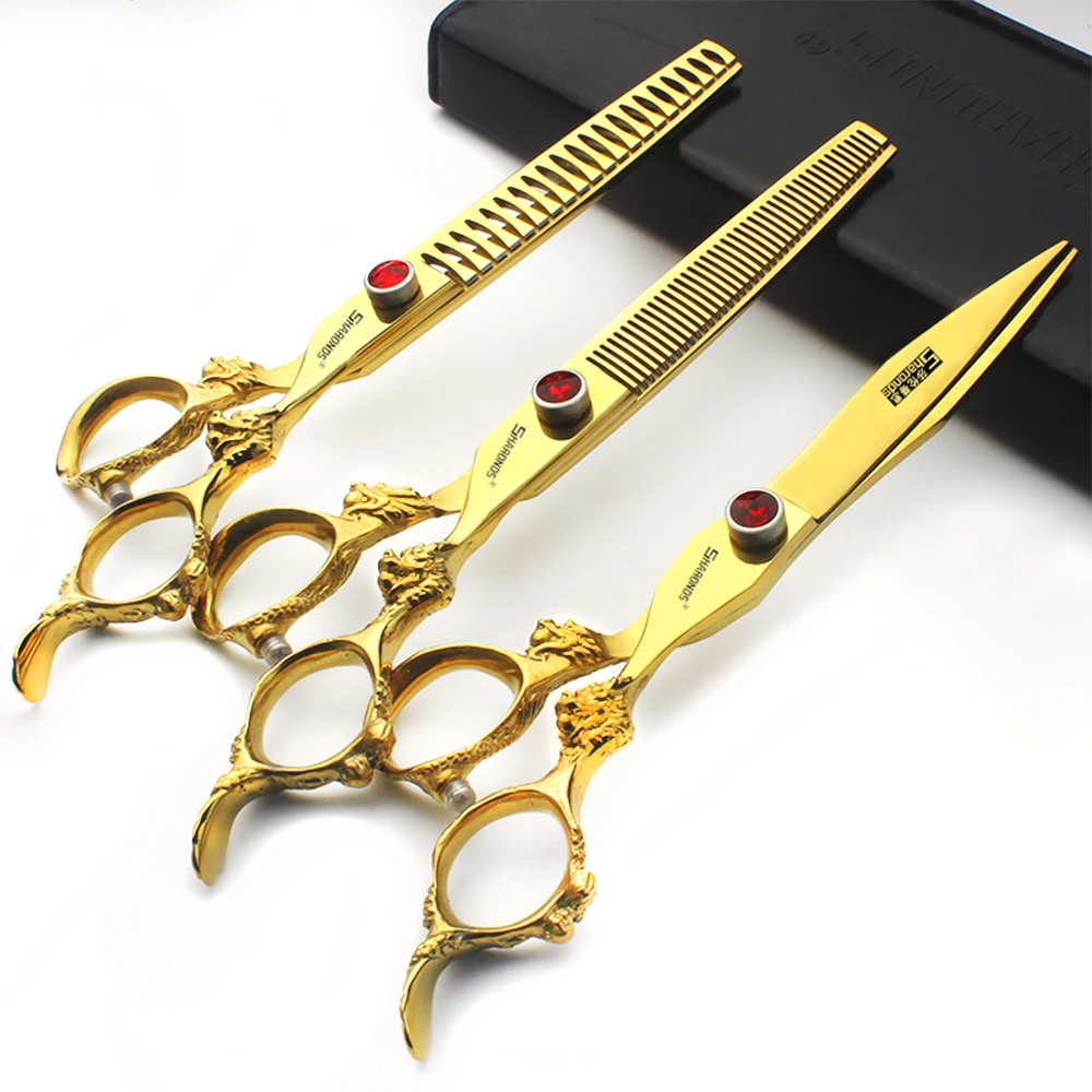 Dedicated Shears Hairdressing Clippers 7 Inch Golden Double Dragon Hairdresser Flat Cutting Tooth Cutting Combination Set