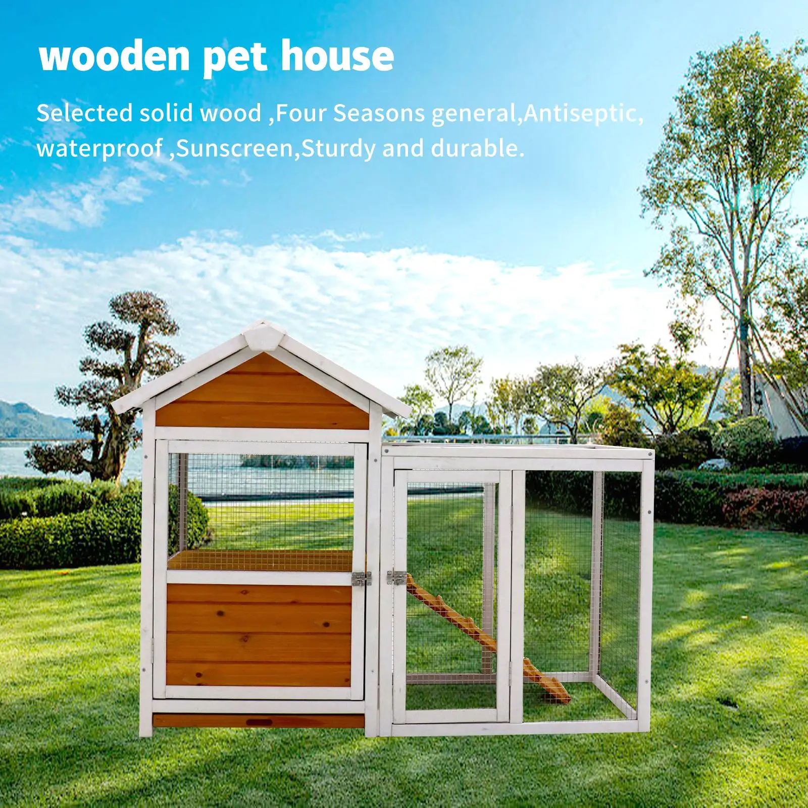 Spacious Wooden Chicken Coop & Duck House with Nest Box - Waterproof PVC Board, Rabbit Cage - Yellow-Brown Gradient 80°