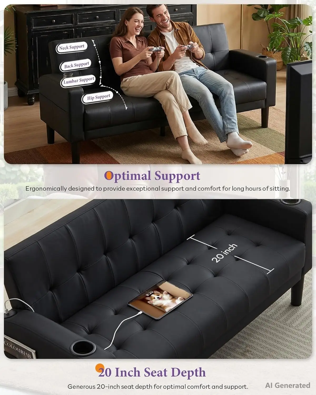 PU Leather Living Room Sofa & Chair w/USB & Type-C Ports, Customized