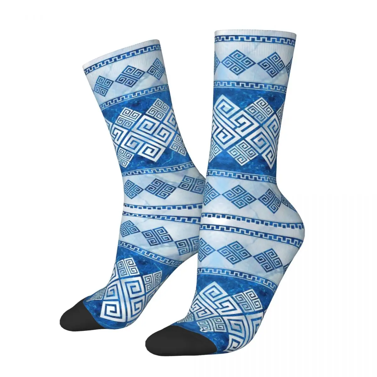 Retro Greek Meander Football Socks Greek Key Blue Gemstone and Pearl Polyester Crew Socks for Women Men