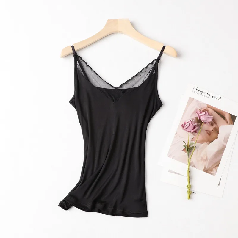 NEW 2023 Summer 100% Natural Mulberry Silk Strap Top Women V-Neck White and Black Vest Sleeveless Lace Tank Tops Ladies Camisole