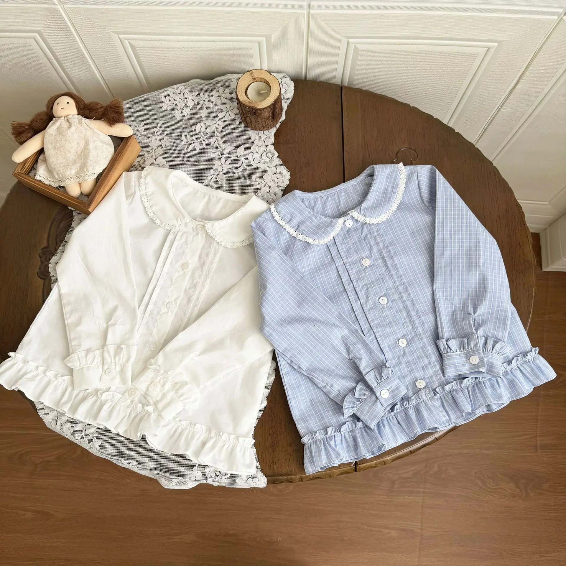 Korean Girls Shirt French Peter Pan Collar Shirt Turn-down Collar Cotton Fine Blue Grid Lotus Leaf Hem Long Sleeved Shirt