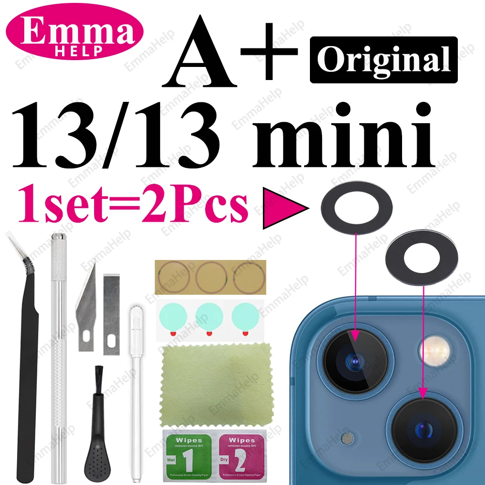 EmmaHelp 1 Set Original Saphir Rückkamera-Objektivglas für iPhone 15 14 13 12 11 Pro Max Plus Mini mit Klebstoff-Reparatur-Werkzeugset 7