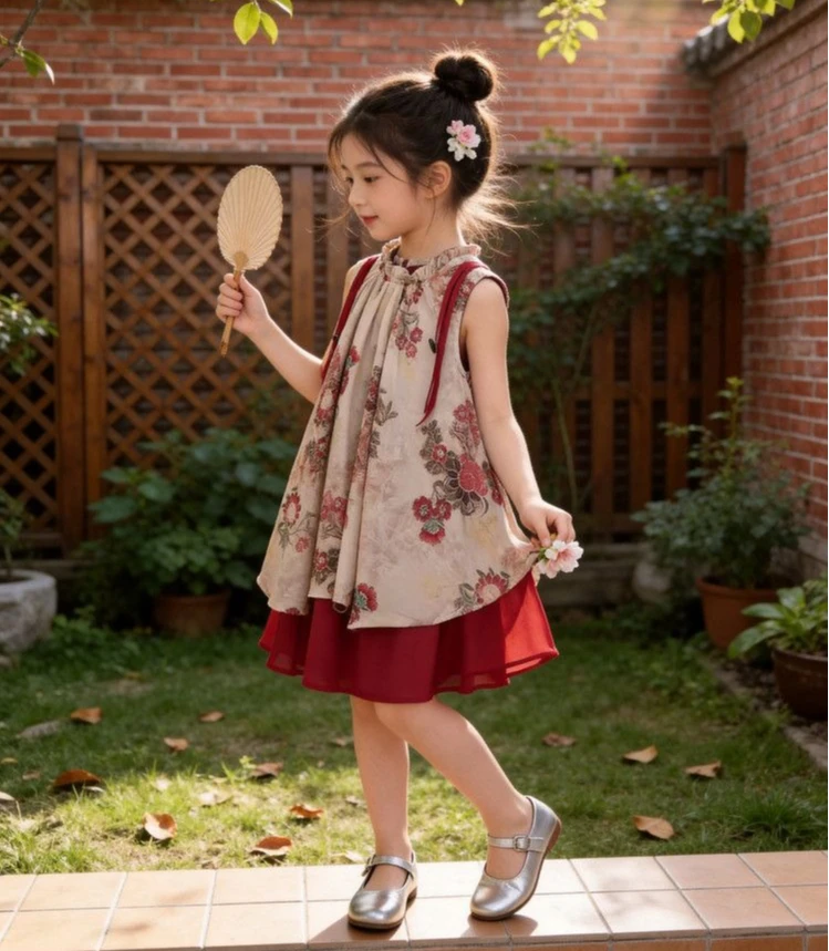 Girls Traditional Chinese Floral Dress 2026 Summer New Girls Forest Style Vest Dress Girls Princess Dress