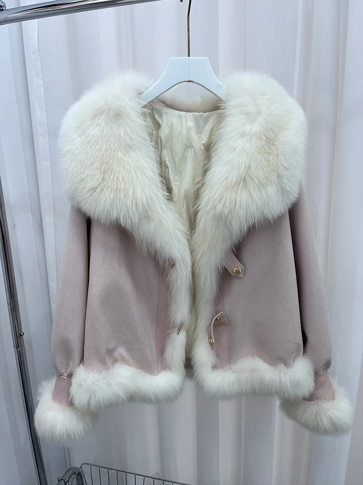 2024 Fashion Real Fur Coat Natural Big Fox Fur Collar Goose Down Jacket Winter Women Coat Thick Outerwear Warm