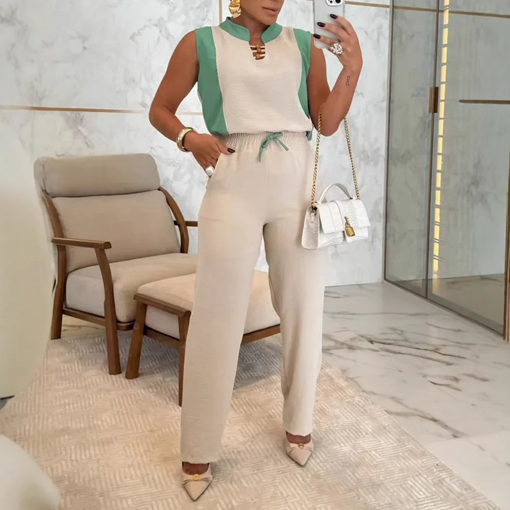 

Топ без рукавов с завязками на шнурке, женские комплекты из двух предметов, широкие брюки с контрастной завязкой, повседневный комплект брюк