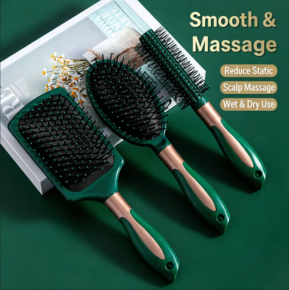New massage comb, dark‑green elastic air‑cushion, negative‑ion beauty comb for salon, student, straight & curly hair