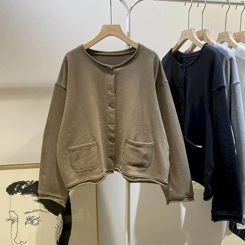 

Толстовки для женщин, свободная рабочая одежда в корейском стиле с круглым вырезом, однобортные кардиганы, пальто с длинными рукавами, повседневные женские топы