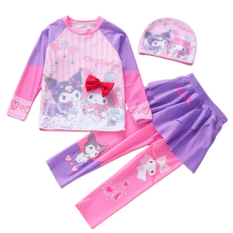

Новый детский купальник Sanrio Kuromi, пляжная одежда Melody для девочек, быстросохнущий купальник, милый модный купальник с длинными рукавами, юбкой и штанами