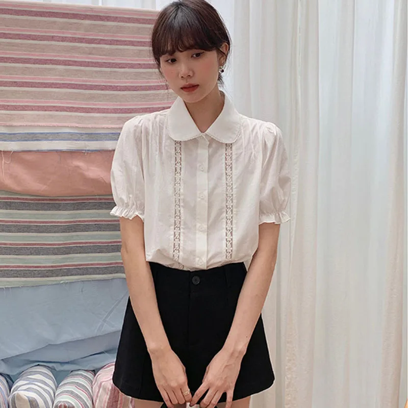 

Женская рубашка с воротником-стойкой, в стиле ретро, с кружевом и плиссировкой, на одной пуговице, с вырезами, однотонная, простая, удобная, повседневная, универсальная блузка