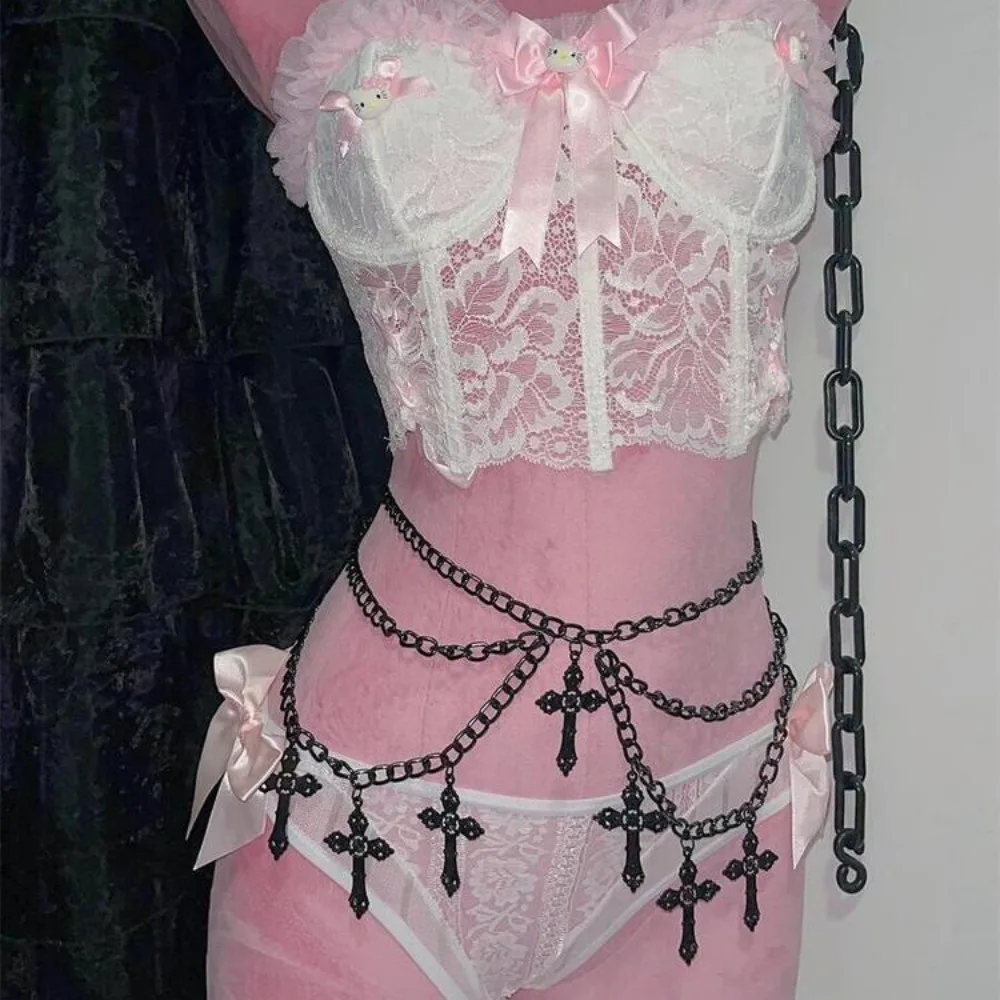 Y2K Double Layer Punk Chain Belt for Women, Gothic Cross Streetwear Waist Chain, Metal Skirt Jeans Pant Chains, E-girl Y2K Aesth