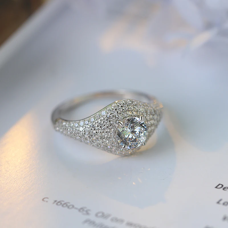 Creative and Authentic S925 Silver Niche Design Full Diamond Large Round Diamond Ring for Men and Women, Same Style, High-end