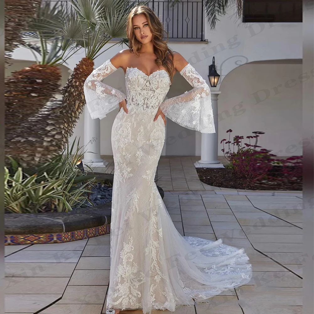 

Vintage Lace Bridal Dresses Women's Mermaid Detachable Horn Sleeve Princess Wedding Gowns Formal Beach Vestido De Novia 2024