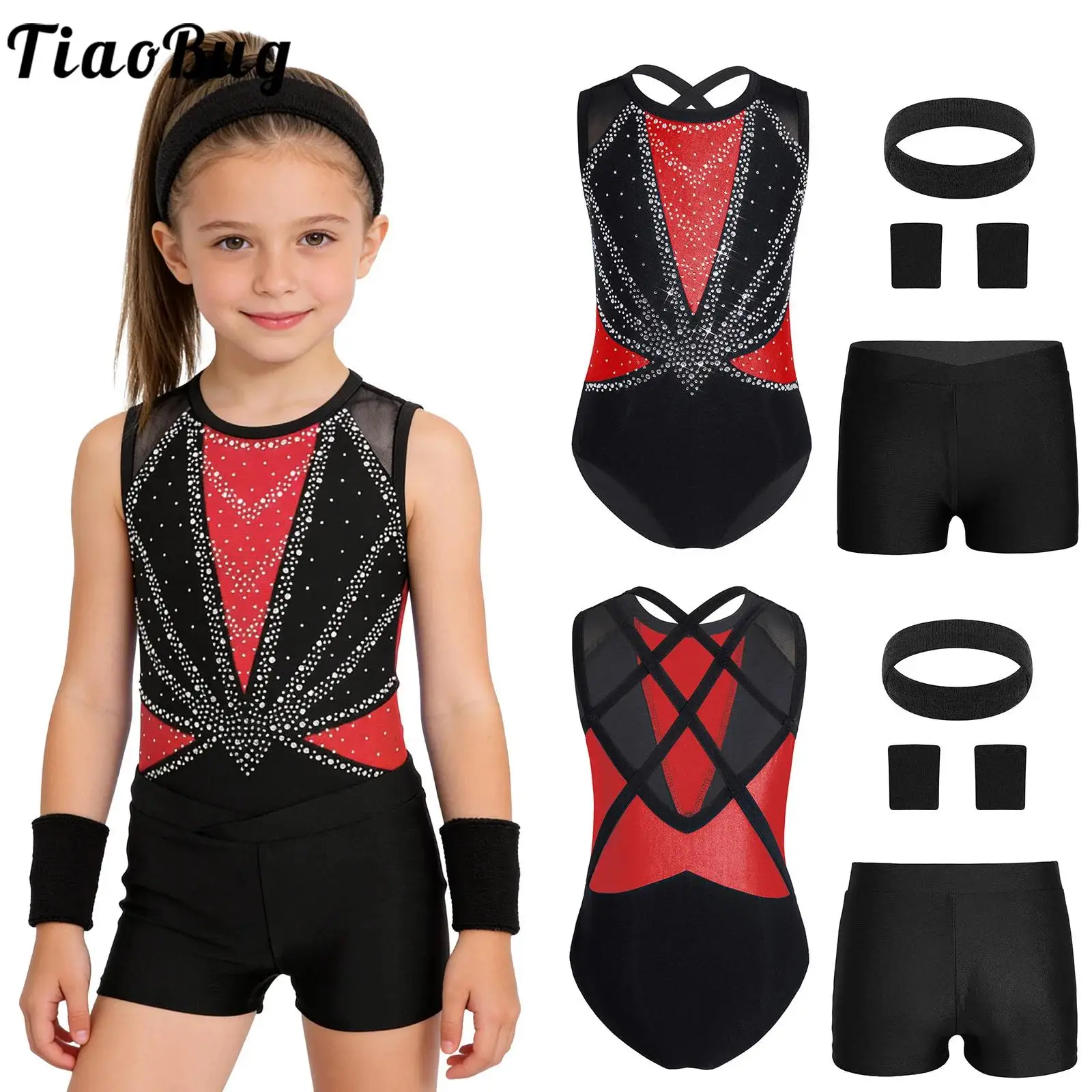 

Kids Girls Bodysuit Shorts Outfit for Dancing Rhythmic Gymnastics Cheerleader Costume Leotard and Sports Headband Wristbands Set
