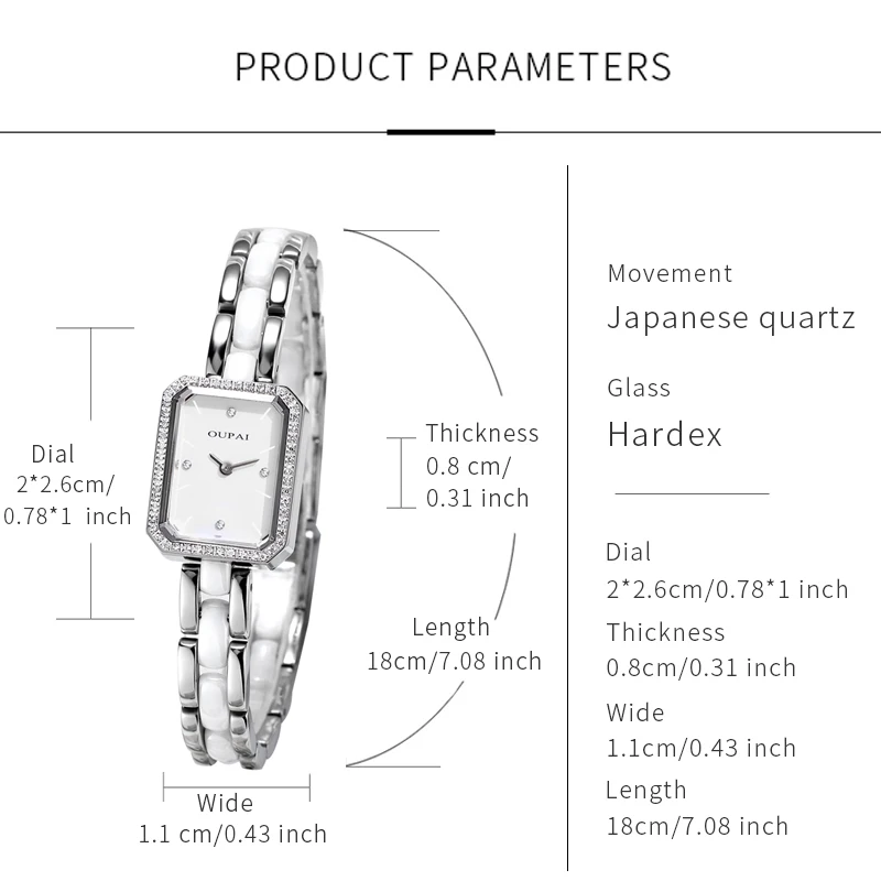 Oupai Reloj Rectangular Pulsera de Mujer Cuarzo Blanco Reloj de Pulsera de Cadena Simple y a la Moda Vestido Exquisito Resistente al Agua