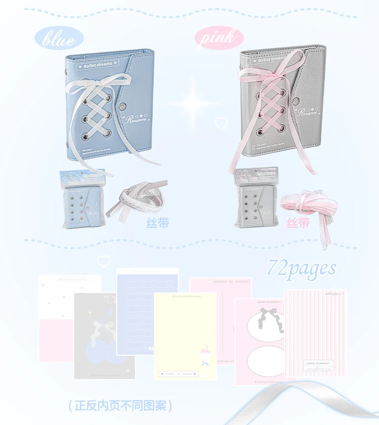 Kawaii Ballet Ribbon M5 Notebook Silver Leather Binder Loose Leaf Journal Girl Student Diary Notebook M5 다이어리 72pages