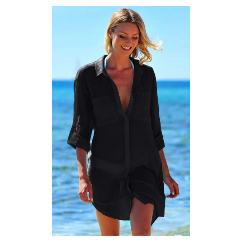 여성 비치 드레스 비키니 커버업 신상 자켓 주름 셔츠 수영복 자외선 차단 셔츠 포켓 포함 비치웨어