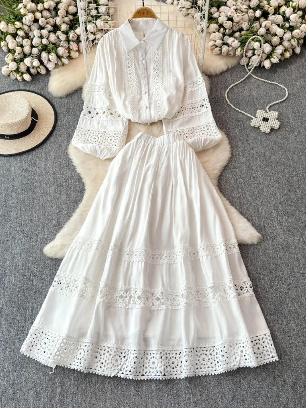 Quality Brand Autumn Embroidery Lace Cotton White Two Piece Dress Set Women Skirts Suits Shirt A Line Midi Long Skirts 2pcs Sets