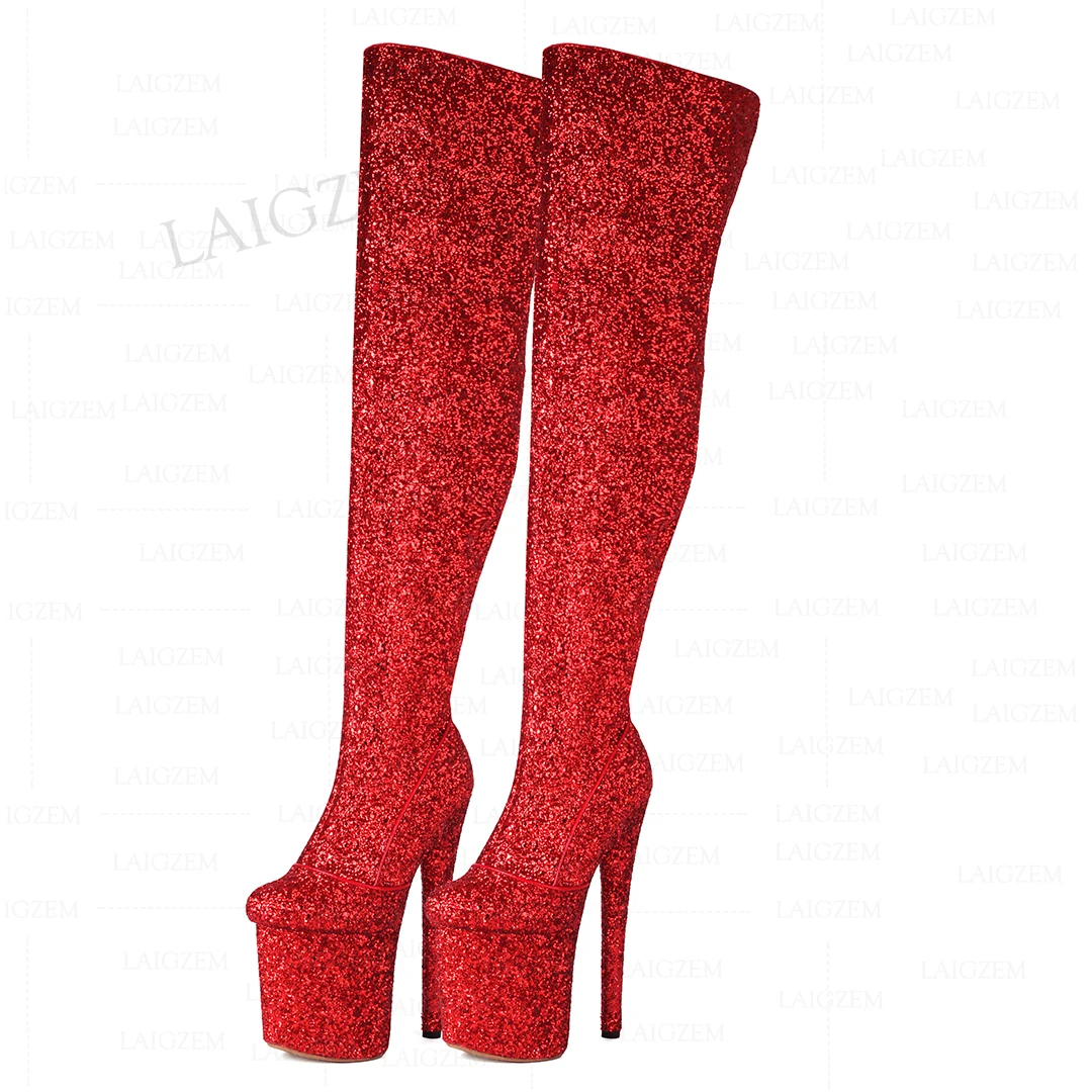 LAIGZEM Women Over High Boots Bling 20CM High Heels Glitter Full Zipper Over Knee Boots Dance Shoes Woman Big Size 33 40 41 43