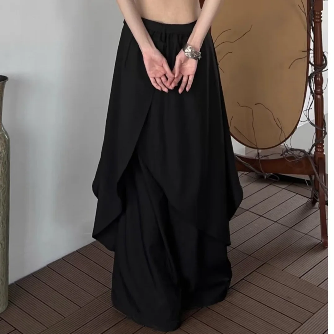 2026 New Men Spring Autumn Chinese Vintage Layered Irregular Spliced Fake Two piece Wide Leg Skirt Pants Loose Casual Trousers