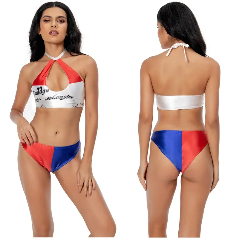 RT01 Quinzel تأثيري مثير مجموعة الملابس الداخلية النساء زي فيلم سوبر الشرير فانتازيا ضمادة الملابس الداخلية هالوين كرنفال حفلة * JK2