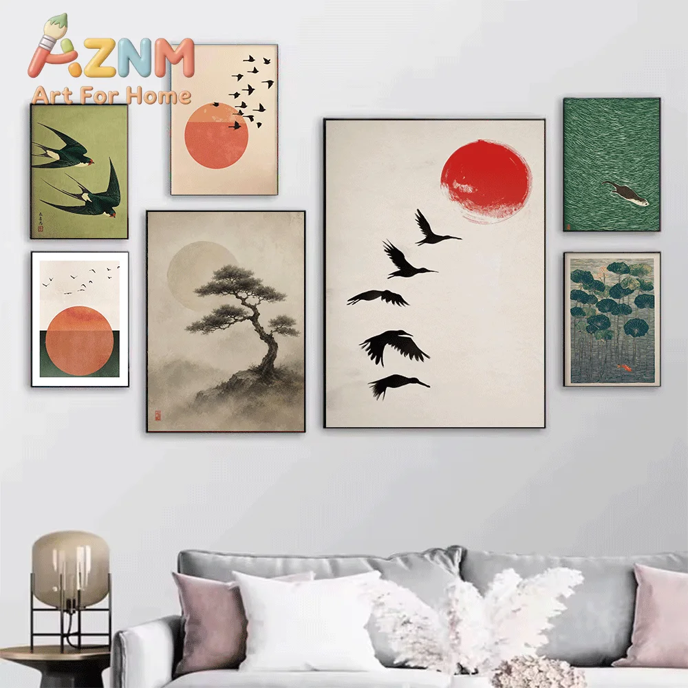 Japanese Ukiyo‑e Style Canvas Print, Vintage Samurai Wave Koi Fish Art Poster, Frameless Canvas Wall Picture for Oriental Aest