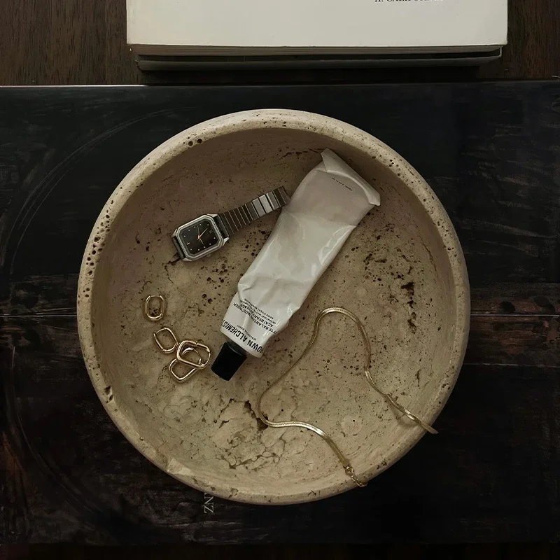 

D21x6cm Wabi-Sabi Style Natural Marble Travertine Stone Decorative Tray Handmade Retro Pet Bowl for Home Decor