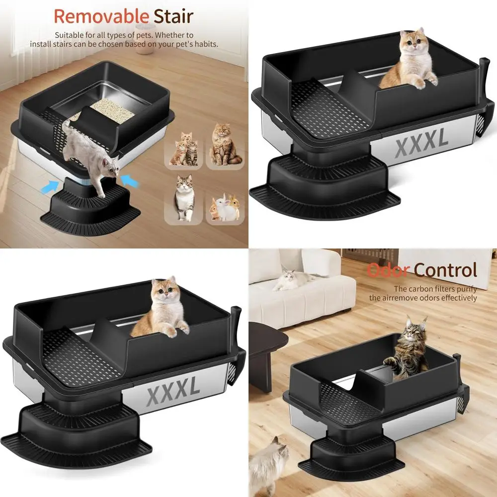 

Extra Large Semi-Enclosed Metal Cat Litter Box with Filter Grid, Step, and Scoop - Black